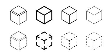 Isometric abstract cube vector icon set. Geometric block, box or brick logo. Dotted, dashed, outline, solid isolated illustrations. Wireframe 3d sign. Square three-dimensional frame.