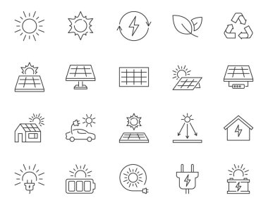 Solar energy icon set. Solar panels logo. Alternative or renewable energy icons. Sunlight power for home electric battery illustration isolated.