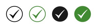 Checkmark icon set. Green ok, accept or yes buttons. Checked icon or correct choice sign. Check mark or checkbox pictogram. Tick illustration isolated.