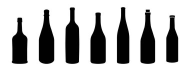 Wine bottle types vector illustrations set. Alcohol glasses abstract silhouette collection. Glass bottle types isolated. Minimal color flat filled black icon set.