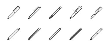 Pen and pencil classic line icon set. Marker and crayon drawing symbol. Sketching tools vector illustration isolated. Pens and pencils icons.