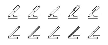 Drawing pen and pencil line icon set. Marker and crayon ink mark symbol. Sketching tools vector illustration isolated.