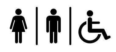 WC room icon. Man, woman and disabled silhouette. Male, female and unisex toilet. Handicapped symbol. Bathroom sign isolated.