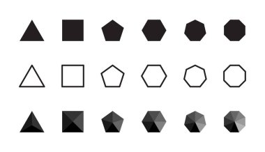 Abstract geometric shapes icon set. Basic polygon vector illustrations. Triangle, square, pentagon, hexagon and octagon three-dimensional graphic symbols. Black 3d elements isolated.