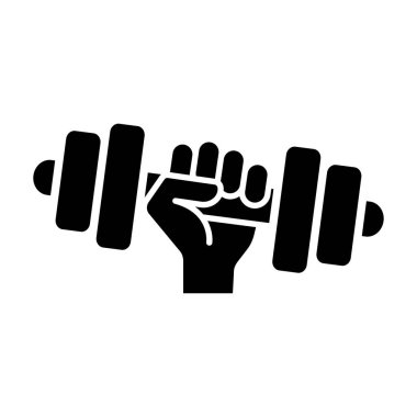 Hand with dumbbell icon. Gym and fitness black symbol. Training vector illustration isolated.