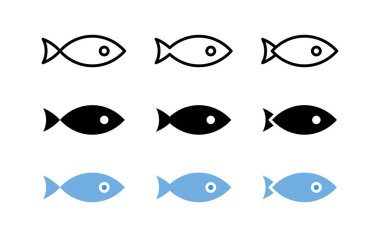 Canned fish icon set. Preserved seafood symbol. Wild tuna sign. Fish conservation tin vector illustration isolated.