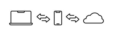Device cloud sync vector illustration. Computer and phone cloud connection. Wireless network communication chain. Laptop and smartphone synchronization system outline icon isolated.