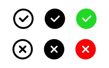 Check mark and cross mark icon set. Green checkmark and red cross vector symbols. Correct and wrong buttons. Vote pictogram. Yes and No illustration. Checkbox icon isolated.