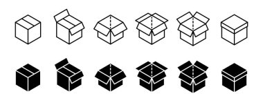 Cardboard box icon set. Carton container unpacking process vector illustration. Empty cargo package symbol for shipping or delivery service. Isometric transportation boxes isolated set.