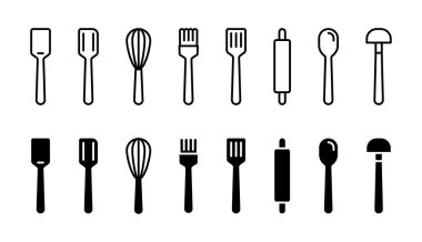 Cooking utensil icon set. Kitchen equipment collection vector illustration. Kitchenware line symbols. Cooking tools collection. Spoon, spatula, ladle, mixer, rolling pin and brush pictograms isolated