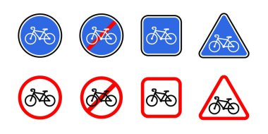 Bicycle road sign icon set. Bike path vector symbol collection. Red prohibited bicycle warning illustration. Street traffic regulation pictogram. Crossed caution road sign with bicycle isolated.