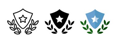 Shield with star and laurel wreath icon. Protection and security symbol. Heraldic warranty and guarantee badge. Insignia with laurel chaplet vector illustration. Shield with star and leaves isolated.