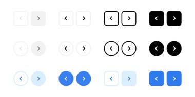 Web interface navigation buttons icon set. Slider arrow buttons symbols. Next and previous round buttons for app. Simple website arrow buttons in three different styles isolated collection.