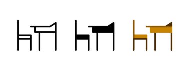 School desk and chair icon. University seat symbol. Educational lecture concept. Wooden classroom furniture pictogram. Office table vector illustration isolated.