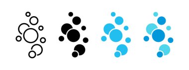 Water bubbles icon set. Blue air bubbles vector illustration. Soap foam symbol. Clear fizzy soda drops sign. Group of blue spheres oxygen collection isolated. Bathing concept.