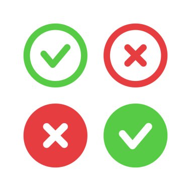Check and cross mark icons. Red and green circle tick symbol. Yes and No sign. Checkmark vector illustration. Correct and wrong rounded web buttons isolated concept.