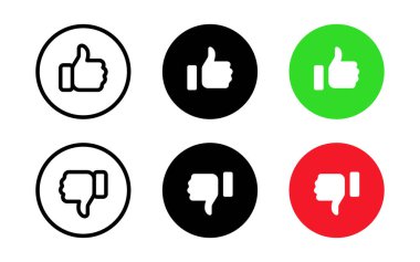 Thumbs up and thumb down button icon set. Positive and negative symbol. Like and dislike vector illustration. Yes and No finger web interface buttons collection. Green accept and red decline symbols.
