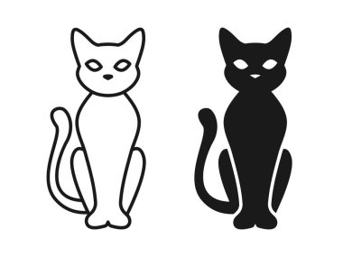 Sitting cat icon. Elegant cat logo. Witchcraft black kitten with tail vector illustration. Black and white kitty silhouette. Animal mammal pet symbol. Graphic design cat logotype isolated.