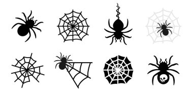 Spider and spider's web icon set. Hanging spider vector illustration. Poisonous arachnid with death skull silhouette. Insect net sign. Black horror symbol. Thread and web collection. Gothic concept.
