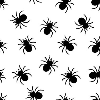 Spider pattern seamless. Black spiders on white background endless vector wallpaper. Spider silhouette endless pattern for fabric, textile or paper ornament. Halloween decoration background texture.