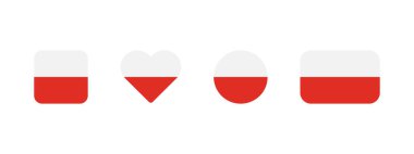 Polish flag icon. Flag of Poland vector sign. Polish national banner. White and red Poland emblem. Minimalistic simple Warsaw banner in four different shapes: square, heart, circle and rectangle.