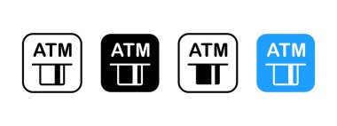 ATM sign with credit card icon. Cash dispenser symbol. Financial banking office logo. Money withdrawal terminal vector illustration. Debit currency emblem isolated. ATM pictogram.