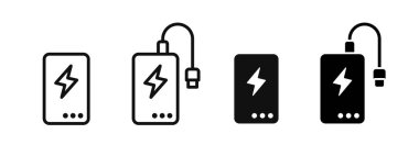 Power bank with charging cable icon set. Battery charging device symbol. Mobile phone power supply sign. Portable accumulator vector illustration. Electric device recharge technology pictogram.