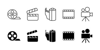 Movie filming production icon set. Video recording symbol. Photo shooting equipment. Clapper board, film strip, film reel and frame, video camera vector illustration collection. Media industry icons