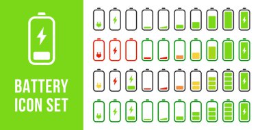 Battery charging icon set. Empty and full battery energy level icon collection. Low power mode battery vector illustration. Accumulator capacity pictogram. Web interface element for mobile phone.
