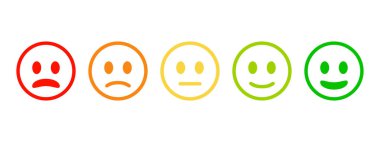 Feedback emoji icon set in different moods. Review smiley face collection. Service rating emoticon vector illustration. Bad, poor, average, good and excellent feedback marking. Face emoji symbols.