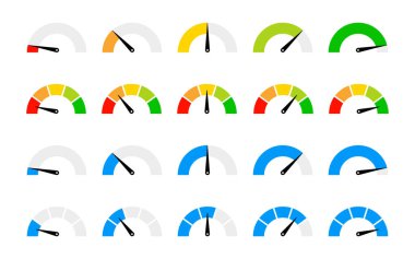 Speedometer icon set. Performance level dial bar vector illustration. Power level measure symbol. Infographic dashboard chart with arrow sign. High, medium and low risk control panel. Progress scale.
