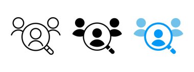 Job search icon. HR worker recruitment symbol. Finding an employee person with magnifier vector illustration. Hiring candidate research sign. Human resources business selection pictogram. Vacancy icon