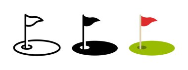 Golf icon. Golfing field with red flag vector illustration. Golfer tournament symbol. Golf court with a ball hall sign. Sport game competition pictogram. Goal isolated concept.