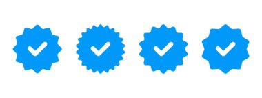 Blue checkmark starburst icon set. Verification label vector illustration. Approved quality mark symbol. Correct badge, stamp and sticker. Guarantee certificate emblem. Certified checkmark sign.