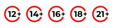 Age restriction icon set. 18 plus limit sign. Adult content prohibition warning. Adult only symbol. Parental advisory age circle collection. 12, 14, 16, 18, 21 plus over emblem. Censored label or tag.