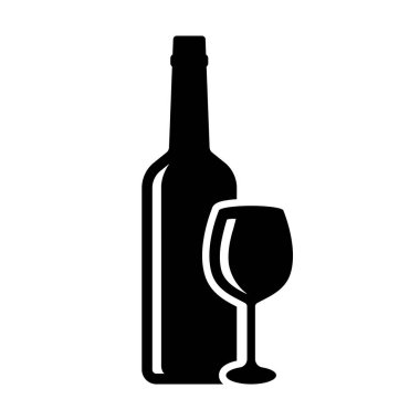 Wine bottle silhouette. Black wine bottle with glass vector illustration. Flat wine bottle icon. Winery logo. Alcohol drink symbol. Vine bar pictogram isolated.