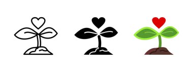 Plant care icon. Seedling with heart vector illustration. Agriculture symbol. Sapling love and care sign. Farming and gardening pictogram. Horticulture and cultivation concept. Agribusiness graphic.