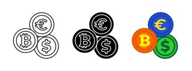 Bitcoin exchange rate icon. Bit, dollar and euro coin vector. Crypto currency exchange illustration. Electronic finance money symbol. Digital wallet banking design. Blockchain payment transaction.
