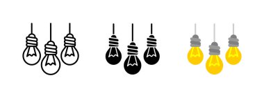 Hanging light bulbs icon. Vintage illumination vector illustration. Electricity power lamp symbol. Retro filament ceiling sign. Interior lighting decor concept. Edison light bulb pictogram.
