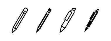 Pen and pencil outline icon. Writing and drawing tool symbols. Office and school stationery vector illustration. Education and creativity supplies pictogram. Sketching and handwriting concept.