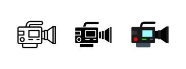 Video camera icon. Professional recording equipment symbol. Digital media production vector illustration. Filmmaking and cinematography pictogram. Studio and broadcast technology concept.