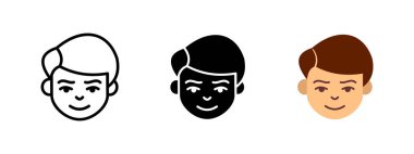 Boy face icon. Smiling child avatar symbol. Cartoon-style vector illustration. Young character pictogram. Happy and cute emoji design concept.