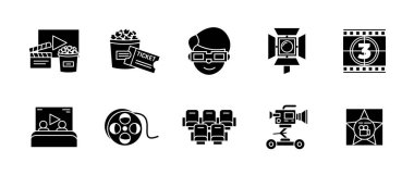 Cinema icon set black. Film reel, ticket, popcorn and camera symbol collection. Vector icons for movie theater, entertainment, production and filmmaking industry. Cinema and movie theater glyph.