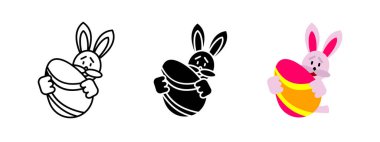 Easter bunny with egg icon. Cute rabbit holding a decorated Easter egg vector illustration. Festive holiday celebration symbol. Traditional spring decoration and joyful surprise concept.