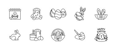 Easter icon set. Collection of holiday symbols - decorated eggs, Easter bunny, festive basket and Christian cross. Traditional religious celebration vector illustration. Springtime decoration concept.