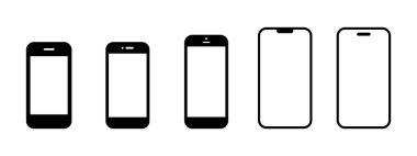 Smartphone mockup icon set. Different mobile phone designs with touchscreens vector illustration. Portable communication device for calls, apps and media symbol. Modern digital gadget sign.