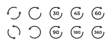 Rotation icon. Circular arrows with degrees for turning objects vector illustration. Used for rotation, flipping and directional adjustment symbol. Interface and app control pictogram.
