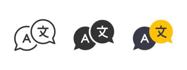 Translate icon. Two overlapping speech bubbles with letter A and language character vector illustration. Text and translation tool symbol. Global communication sign. International chat pictogram.
