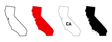California state silhouette. USA map icon set in outline, red fill, dotted and solid black styles. State border sign. West coast location symbol. American geographic region pictogram. Map illustration