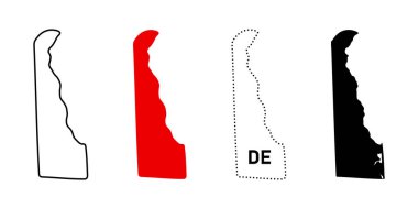 Delaware state silhouette. USA map icon set in outline, filled, dotted and solid styles. Vector sign for location, region and border symbol. State pictogram. American geography illustration.
